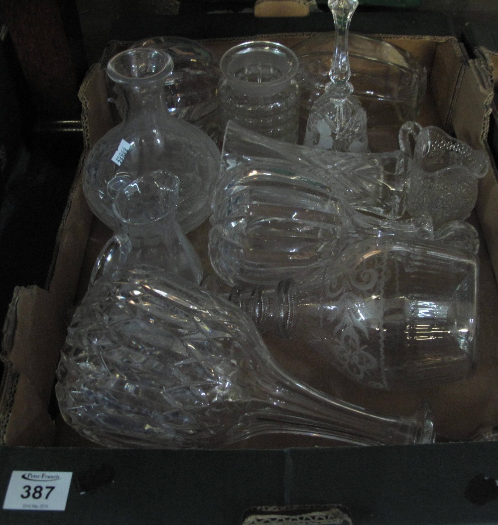 Box of assorted glass to include etched and mallet shaped fluted decanters, glass carafe,