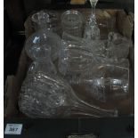 Box of assorted glass to include etched and mallet shaped fluted decanters, glass carafe,