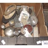 Box of assorted plated wares to include miniature picture frame and other picture frames,