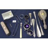 Collection of silver items and other including: dressing table items, napkin rings, cigarette box,