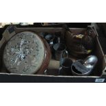 Box of assorted items to include a Victorian circular tapestry stool on ceramic fluted feet,