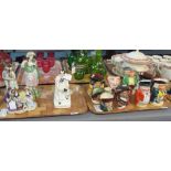 Two trays of assorted china to include continental figure groups, Staffordshire flat back figurines,