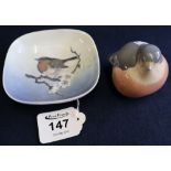 Royal Copenhagen porcelain bird together with a a Royal Copenhagen porcelain dish with robin