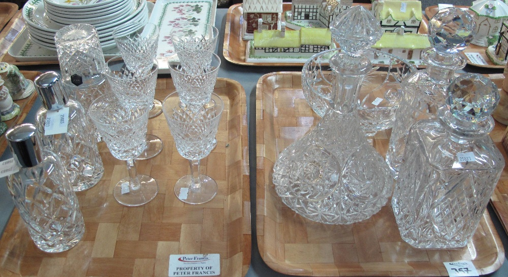 Two trays of assorted glassware to include a set of six hobnail cut wine glasses,