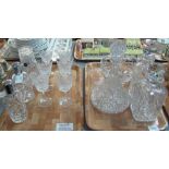 Two trays of assorted glassware to include a set of six hobnail cut wine glasses,