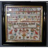 19th century framed childs sampler by M.J. Jones, aged 11. 41 x 42 cm approx. Framed and glazed. (B.