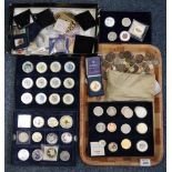 Collection of Bradford exchange and other enamelled medallions, coins etc.