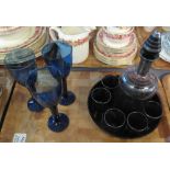 Set of three Bristol Blue type wine glasses together with an aubergine glass decanter with stopper