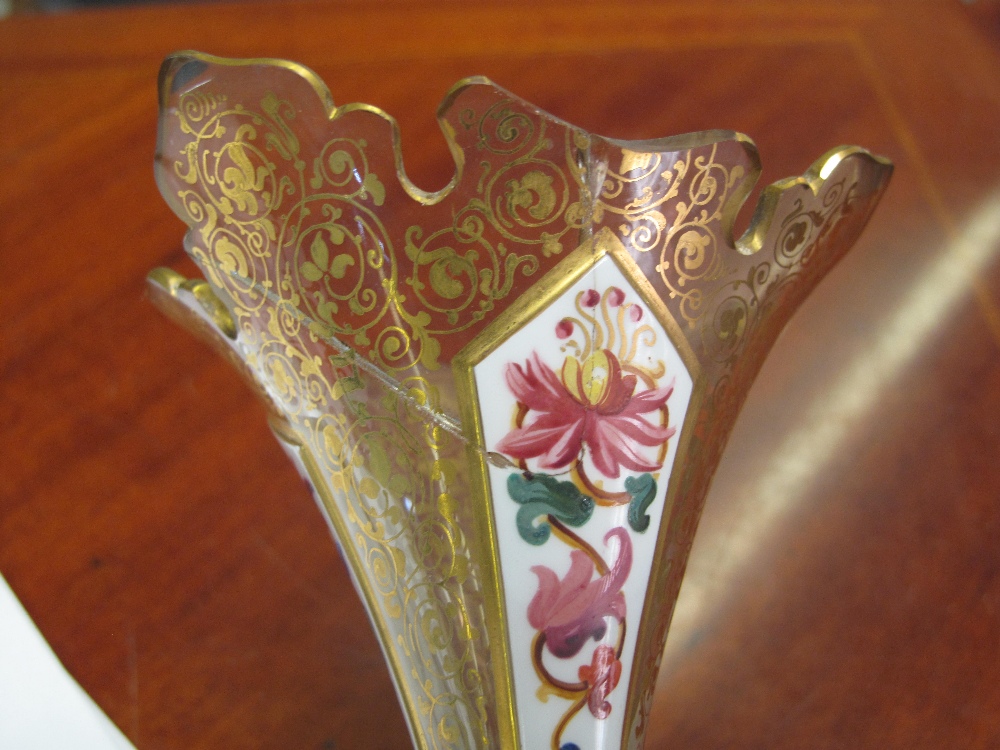 Pair of Bohemian hand-painted, overlay glass pedestal urn-shaped vases with flared necks, - Image 2 of 3