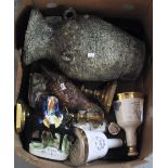 Box of assorted items to include: Wade Bell's decanters, pair of brass candle sticks,