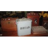 Collection of items to include: enamelled bread bin, sandalwood carved box,