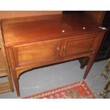 Edwardian mahogany inlaid, two-door blind panelled cupboard on square tapering legs. (B.P. 24% incl.