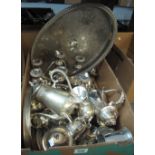 Box of assorted silver plate to include: trays, tea sets, tankards, candelabra, goblets etc. (B.P.