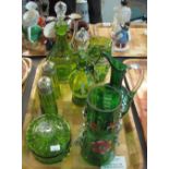 Tray of Victorian green glass items to include: Mary Gregory style decanter and stopper,