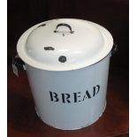 Large cylindrical, metal enamelled bread bin with domed cover. (B.P. 24% incl.