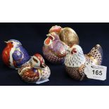 Four Royal Crown Derby bone china paperweights, all with gold stoppers to include a duck, robin,