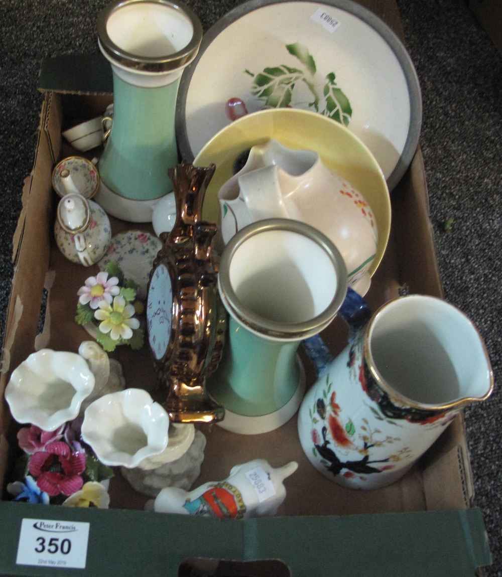 Box of assorted china to include: copper lustre clock face, two handled vase,