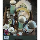 Box of assorted china to include: copper lustre clock face, two handled vase,