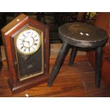 Rustic stained milking stool together with and architectural two-train mantel clock. (2) (B.P.