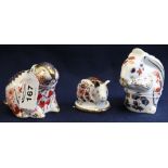 Three Royal Crown Derby bone china paperweights, all with gold stoppers to include piglet, beaver,