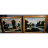 19th century British school pair of country scenes, reverse painted on glass. Maple frames.