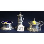 Three-piece silver condiment set of fluted and indented form: pepperette, open salt, lidded mustard,