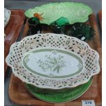 Tray of china and glass to include cabinet plate with text, Carltonware leaf design bowl,