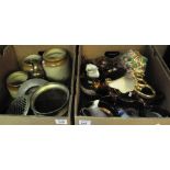 Two boxes of china and other items to include copper lustre dresser jugs and similar lustre items,