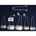 Bag of assorted small silver and other items to include sugar tongs, decanter labels, ti,bled etc.