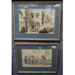 Two similar coloured prints: Middle Eastern Arab scenes, a courtyard and a hareem.