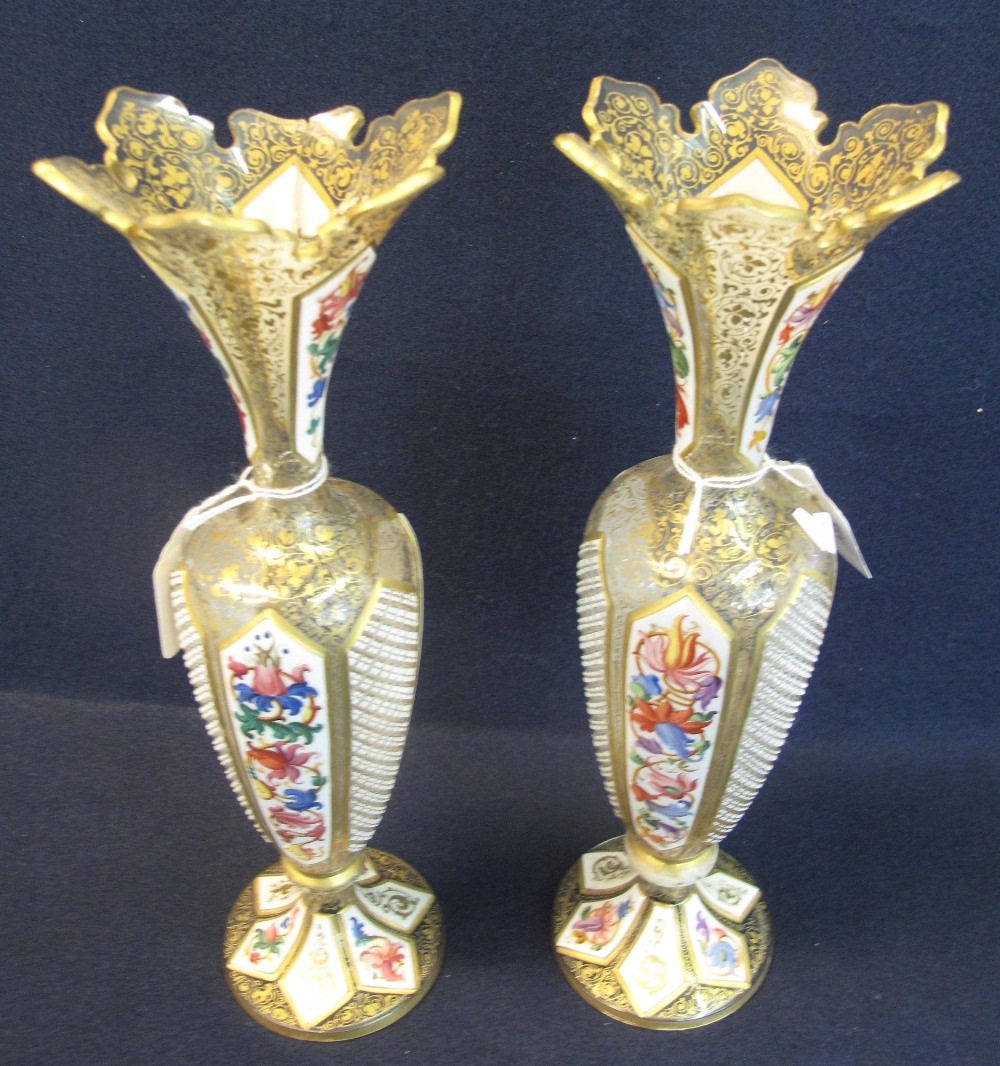 Pair of Bohemian hand-painted, overlay glass pedestal urn-shaped vases with flared necks,