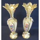 Pair of Bohemian hand-painted, overlay glass pedestal urn-shaped vases with flared necks,