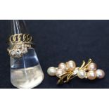 Cultured pearl and diamond brooch and 2 rings. (B.P. 24% incl.