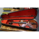 Student-type violin in hard wooden case, marked 'Conservatory violin'. (B.P. 24% incl.