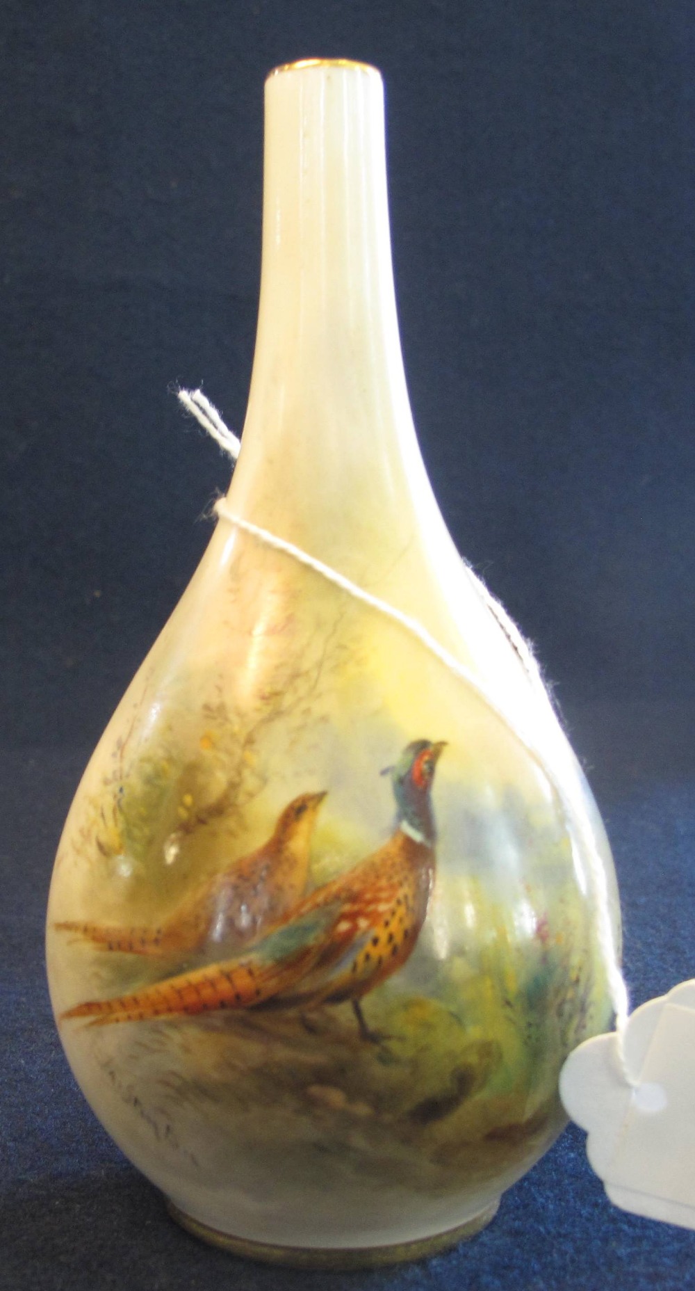 Royal Worcester porcelain bottle vase with hand painted decoration of two pheasants in a landscape, - Image 2 of 4