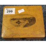19th century Mauchline ware box with hinged cover decorated with a panorama of Tenby and Harbour.