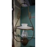 Brass hanging single burner oil lamp with glass shade and frosted chimney. (B.P. 24% incl.