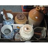 Box of assorted china to include: two-tone flagon and utensil jar, tiles, German beer stein,