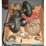 Box of assorted metalware to include; brass tankard, 'Paiforce 1942-45' cast iron doorstops etc.