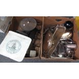 Two boxes of items to include; large shop scales with marble platform 'Bartlett & Son',