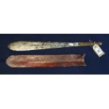 Steel bladed Sheffield made Shaw brand perang or jungle knife with leather scabbard. (B.P. 24% incl.