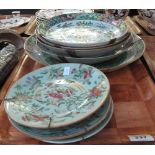 Tray of mixed Chinese porcelain dishes to include; Canton famille rose decorated dish,