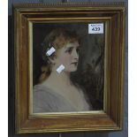 Pre-Raphaelite style portrait of a young woman, coloured print, framed and glazed. 24 x 19cm approx.