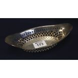 Silver pierced and engraved boat shaped dish. Sheffield hallmarks, 3 troy ozs approx. (B.P.