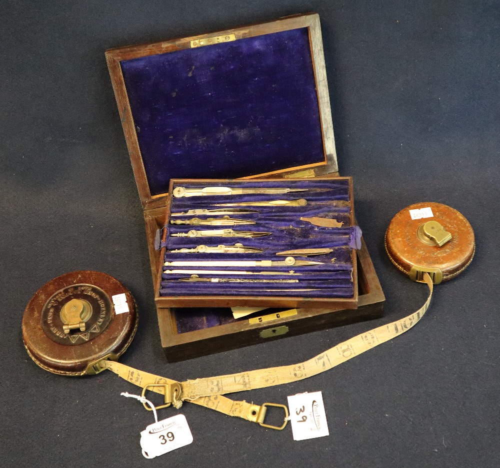 19th Century rosewood drawing instrument case containing some instruments and lift out tray,