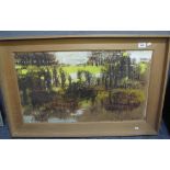 R Davies (20th Century), abstract woodland scene, signed, oils on board. Framed. 44 x 76cm approx.