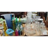 Two trays of assorted coloured and clear glass to include; chemist bottles, chemist jar and stopper,
