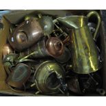 Box of assorted copper and brass, various to include; jugs, ashtrays, candlesticks etc. (B.P.