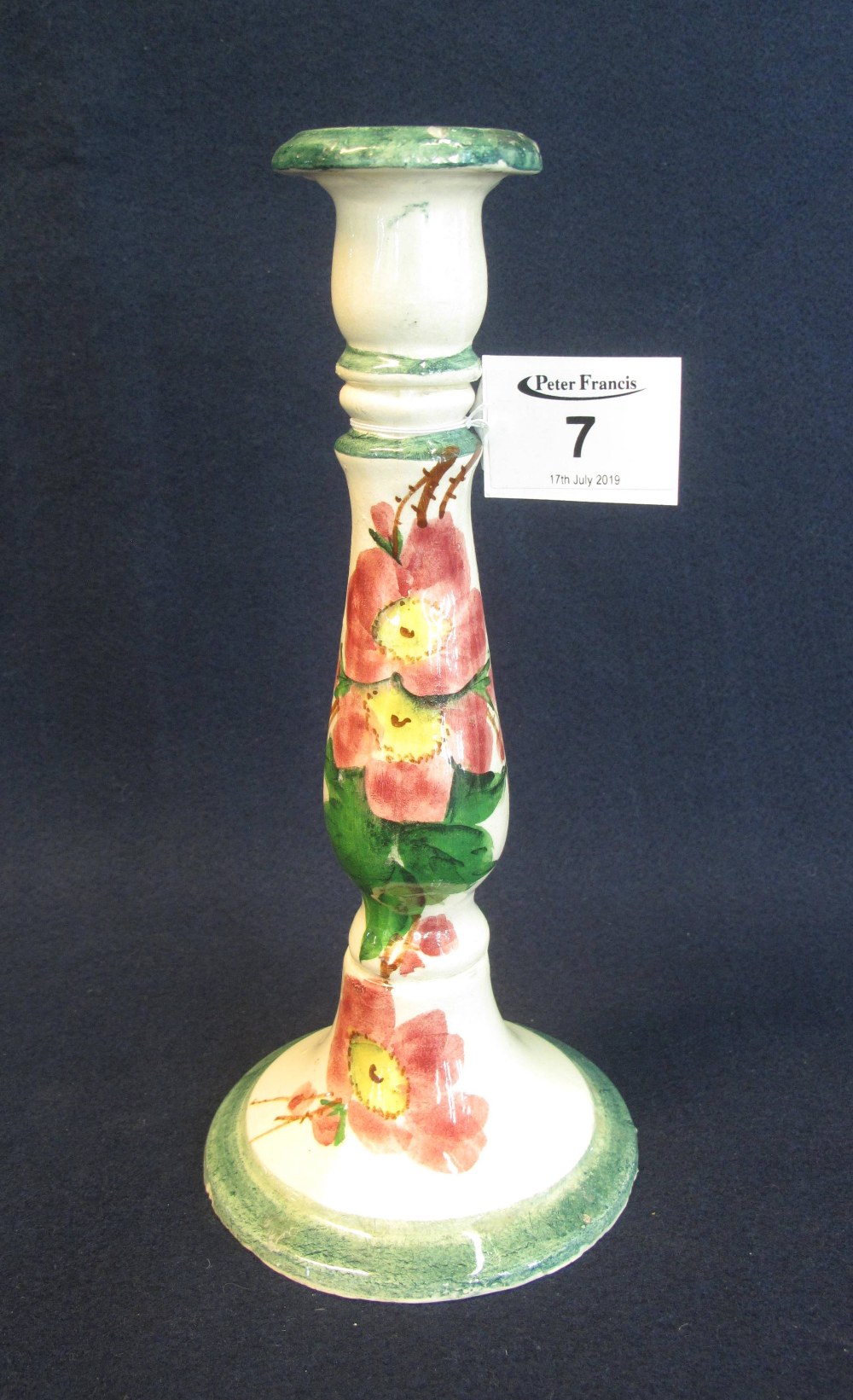 Early 20th Century Llanelly pottery Shufflebotham design baluster shaped candlestick with wild rose