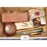 Box of assorted items and trinkets to include; Roll's razor, ring stand, Bisley 1956 blazer badge,